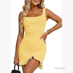 Slimming Ribbed Knit Mini Dress Square Neck Sleeveless Date Night